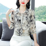宜惜綺 碎花七分袖襯衫女寬松2024夏季新款休閑襯衣女士洋氣雪紡衫上衣 杏色 3XL