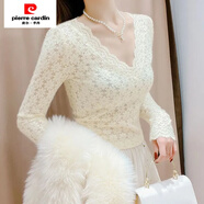 皮爾卡丹（pierre cardin）白色v領(lǐng)蕾絲打底衫女春季新款洋氣內搭修身小衫短款長(cháng)袖網(wǎng)紗上衣 杏色【鏤空款】 M 建議【90-100斤】