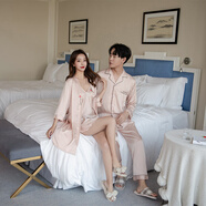 蕭淑妃 兩套價(jià) 春秋季男士長(cháng)袖長(cháng)褲開(kāi)衫仿真絲情侶睡衣女吊帶睡裙睡袍性感冰絲家居服 純色-香檳 女士M碼+男士L碼