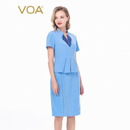VOA36姆米蠶絲重磅立領(lǐng)提花拼接短袖收腰假兩件職業(yè)裝連衣裙 A82 流光蔚藍(lán)（Q82） S