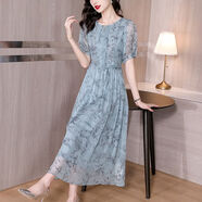 廣州十三行連衣裙最新款2024夏季女裝高檔氣質(zhì)雪紡高端大氣女2024 藍色 L 建議90-105斤