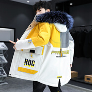 16歲男孩高中男生羽絨服2022年加厚青年中長(cháng)款加絨連帽衣服羽絨服 【帶毛領(lǐng)】804黃白-【加絨加厚】 XXL