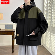 卡度頓特大碼300斤胖子外套男春秋連帽多袋工裝夾克男學(xué)生秋裝百搭上衣 黑色 9XL 建議270-300斤