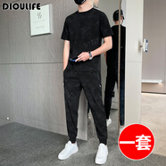 帝歐萊夫 夏季短袖套裝男裝潮流夏裝男裝套裝休閑褲運動(dòng)套裝男夏T恤衣服 05黑色(長(cháng)褲+短袖) L (115-130斤)