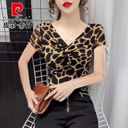皮爾卡丹（pierre cardin）短袖上衣女歐洲站2025夏季新款時(shí)尚豹紋印花性感V領(lǐng)修身網(wǎng)紗T恤 U11-短袖【豹紋】 2XL 建議130-140斤