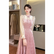 毅珊原創(chuàng)高端設(shè)計2024春季新款絲絨拼接氣質(zhì)連衣裙女 粉色絲絨裙 M