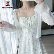 AEMAPE碎花吊帶連衣裙女夏秋法式小個子長裙海邊度假裙子開衫兩件套裝裙 紫色套裝 M
