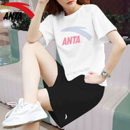 安踏（ANTA）運動(dòng)套裝女冬季寬松透氣短袖速干短褲跑步健身瑜伽休閑t恤五分褲 -4純凈白/淺紫+基礎黑 M/165