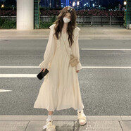 沐霓2025年春夏新款連衣裙高級感女裝法式氣質(zhì)顯瘦長裙女學(xué)生仙女裙 學(xué)院風(fēng)寬松顯瘦杏色L 100-115斤