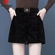 皮爾卡丹（pierre cardin）雪尼爾短褲女秋冬季新款2023網(wǎng)紅外穿a字高腰闊腿冬天配靴子 黑色【加絨】 4XL 【160-180斤】