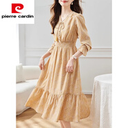 皮爾卡丹（pierre cardin）超好看仙氣收腰氣質小碎花雪紡連衣裙女2025新款春秋長袖高腰裙子 赤金黃 M