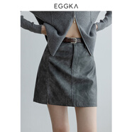 EGGKA秋冬復古時(shí)髦高腰a字皮裙裙子咖色小個(gè)子包臀顯瘦半身短裙 灰色(配腰帶) XL