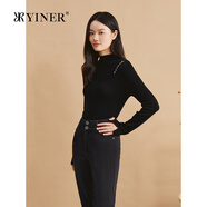 音兒（YINER）2024冬季新款半高領(lǐng)釘珠鏤空拼接羊毛真絲混紡針織衫 黑色 2XL