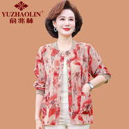 俞兆林（YUZHAOLIN）媽媽春夏裝薄款外套洋氣大碼中老年女裝夏季防曬上衣印花休閑夾克 花色一 紅色 6XL (參考160-175斤)