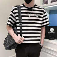 ZMEX男士條紋短袖t恤夏秋冰絲薄款半袖體恤簡約圓領上衣服打底衫男裝T T006條紋SG黑色 M 80-100斤