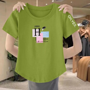 妙變美女純棉短袖t恤女夏季新款韓版寬松收腰遮肉顯瘦圓領(lǐng)百搭印花體恤ing 3066#方塊-果綠色 M 碼 建議75-95斤
