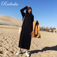 Radinka2024秋冬新款超長(cháng)毛衣裙套頭女韓版寬松半高領(lǐng)中長(cháng)款打底A字裙 黑色(加厚) S
