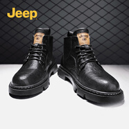 【加絨可選】Jeep（吉普）男靴秋冬新品時尚休閑馬丁靴潮流百搭工裝鞋低幫皮鞋靴子男 8001黑色 39