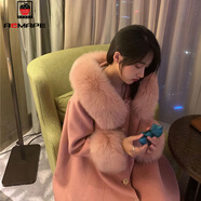 AEMAPE粉色毛呢斗篷大衣女2024秋冬新款寬松溫柔氣連帽 粉色_帶毛毛  S