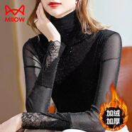 貓人（MiiOW）歐洲站打底衫女網(wǎng)紗洋氣t恤2025年春秋新款氣質(zhì)高領(lǐng)蕾絲亮絲上衣 黑色加絨 XL 115-125斤