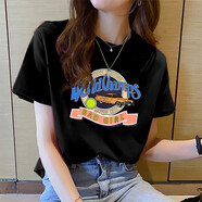 妃麗慕尚（FEILIMUSHANG）純棉正肩短袖t恤女夏季2025新款韓版洋氣印花寬松減齡學(xué)生上衣潮 90115黑色 M