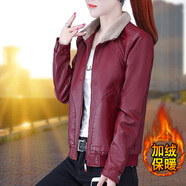 NY-EMMA皮衣女短外套女秋冬女裝毛領(lǐng)女士皮毛一體夾克冬裝上衣潮 996酒紅(加絨款) L(建議95-110斤)