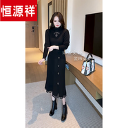 恒源祥加絨加厚針織連衣裙2024冬季新款洋氣中長(cháng)款過(guò)膝蕾絲拼接打底裙子 黑色【不加絨】 XL 【115-130斤】