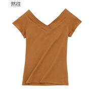 然往 低領(lǐng)短袖T恤女V領(lǐng)修身性感露背大領(lǐng)口上衣新款韓版修身簡(jiǎn)約夏裝 駝色 2XL