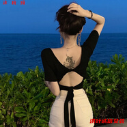 事思夏季ins露肩一字瓴漏背綁帶上衣綁帶短款露臍緊身性感短袖T恤女潮 042  黑色 M 95-110斤