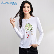 真維斯（JEANSWEST）長袖T恤女秋季純棉新中式國風(fēng)印花設(shè)計(jì)感時(shí)尚百搭上衣女白色L