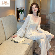 莫代爾法式睡衣春秋款女冰絲性感蕾絲三件套裝外披吊帶長(cháng)褲帶胸墊家居服 杏色帶胸墊 S 155