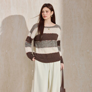 藍語復古休閑撞色條紋圓領針織衫2025冬季新款慵懶寬松毛衣女 咖色 現(xiàn)貨 L 【建議110-125斤】