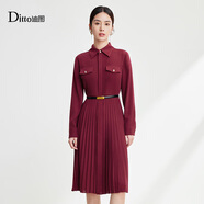 迪圖高級感百褶連衣裙修身顯瘦長(cháng)袖氣質(zhì)酒紅襯衫領(lǐng)百褶裙女中長(cháng)款 酒紅色 S