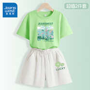 真維斯童裝女童夏季套裝2025新款兒童純棉短袖T恤時(shí)尚中大童休閑花苞腰短褲 蘋(píng)果綠/J綠葉荷花-白/J四葉草K 170