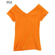 然往 低領(lǐng)短袖T恤女V領(lǐng)修身性感露背大領(lǐng)口上衣新款韓版修身簡(jiǎn)約夏裝 橙色 L