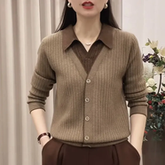 妙中意假兩件針織衫女春秋季2025新款洋氣寬松外穿打底毛衣拼接翻領(lǐng)上衣 咖色+【優(yōu)質(zhì)品質(zhì)】 3XL 店主建議140-150斤