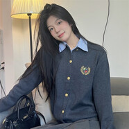 樂(lè)雅秀英倫學(xué)院風(fēng)針織衫女士春夏短款寬松上衣刺繡徽章開(kāi)衫毛衣外套 灰色 M