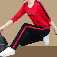 俞兆林（YUZHAOLIN）媽媽裝中年休閑運動(dòng)服套裝女棉媽媽秋裝40歲50中老年休閑兩件套 紅色(兩件套) M [85-95斤]