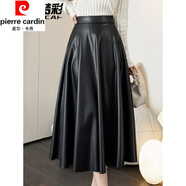 皮爾卡丹（pierre cardin）海寧真皮皮裙女春秋季新款高腰質(zhì)感小個子洋氣中長款卡其色裙子