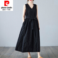 皮爾卡丹復(fù)古亞麻v領(lǐng)氣質(zhì)背心連衣裙2025夏季新款收腰顯瘦無袖棉麻長裙子 黑色 2XL