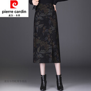 皮爾卡丹（pierre cardin）印花包臀裙女士秋冬2023新款毛呢半身直筒裙中長款顯瘦開叉一步裙 黑色花長款 裙長77厘米 XL 2尺2