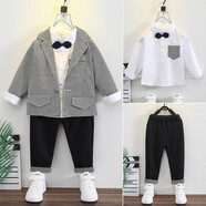 哈兜兒 男童裝男寶寶小西裝春裝小男孩嬰幼兒1衣服2小童3秋季套裝4周歲 艾千鳥(niǎo)格西裝三件套白色 120
