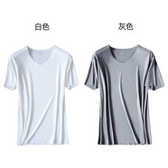 【2件裝】22年夏天新款日本milmumu薄款v領(lǐng)t桖男裝冰爽半袖簡(jiǎn)約絲滑冰絲修身純色短袖黑白灰藍色 【換洗方便】白色+灰色 2件裝 XL