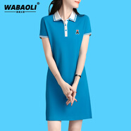 WABAOLI 運動(dòng)休閑短袖polo領(lǐng)連衣裙女短款2024夏季新款修身顯瘦t恤裙子潮 湖藍色 A字 2XL (建議120-129斤)