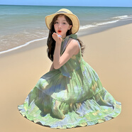 女童夏連衣裙2025新款女大童海邊度假沙灘裙兒童夏季掛脖裙子薄款 海苔綠連衣裙 140