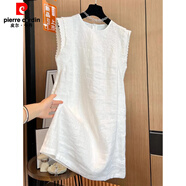 皮爾卡丹白色蕾絲花邊背心連衣裙女夏季高端復古寬松休閑圓領(lǐng)飛飛袖中長(cháng)裙 白色  M 【建議90-110斤】