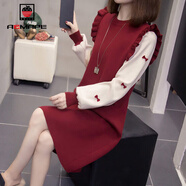 AEMAPE新年戰袍針織連衣裙女裝2025春秋冬季新款韓版時(shí)尚氣質(zhì)打底裙子女 E068_紅色 L _建議116-125斤