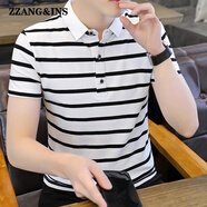 zzang&ins輕奢高端品牌短袖POLO衫男士夏裝條紋翻領(lǐng)休閑打底衫商務(wù) t恤衣服 1717白/黑條紋 L （建議110-125斤）
