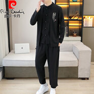 皮爾卡丹（pierre cardin）中國(guó)風(fēng)春秋長(zhǎng)袖T恤男假兩件國(guó)潮盤扣繡花棉麻中式襯衫領(lǐng)體恤套裝 黑色套裝 L 110-125斤左右