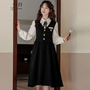 儀纖法式復古學(xué)院風(fēng)氣質(zhì)假兩件連衣裙子女學(xué)生2026春季新款a字裙2238 黑色 S